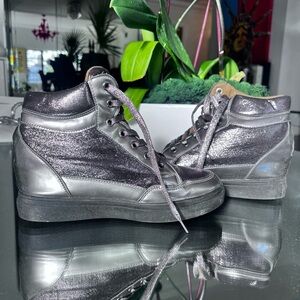 Metallic Bronze Gunmetal High-Top Sneakers w Thick Rubber Sole w Padded Collar